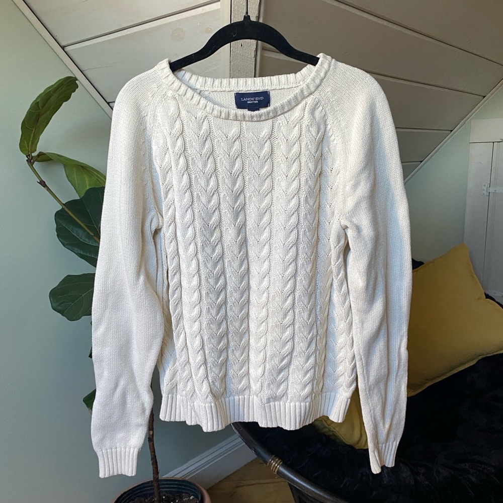 Lands’ End Drifter 100% Cotton Cream Sweater Women Size Petite Large 14-16